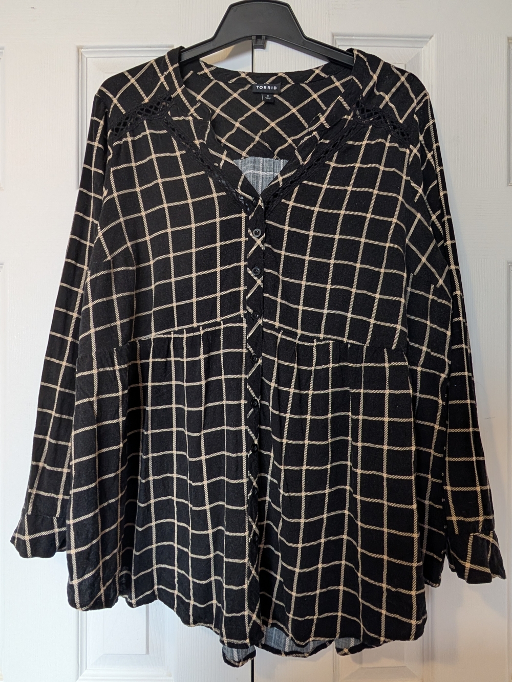Torrid Black and Cream Windowpane Button-Front Tunic